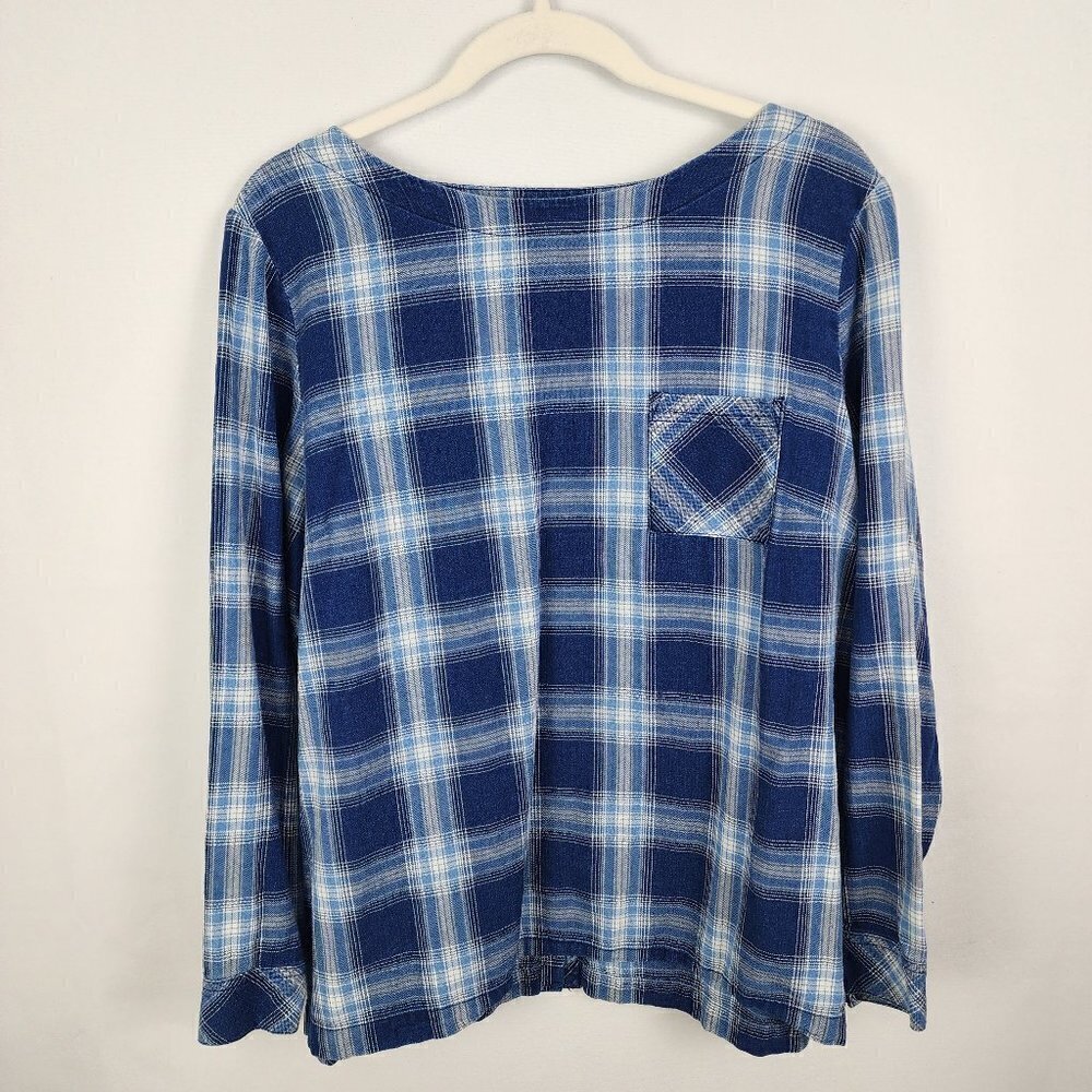 J. Jill Plaid Top Shirt Size Large Blue Button Back Long Sleeve 100% Cotton